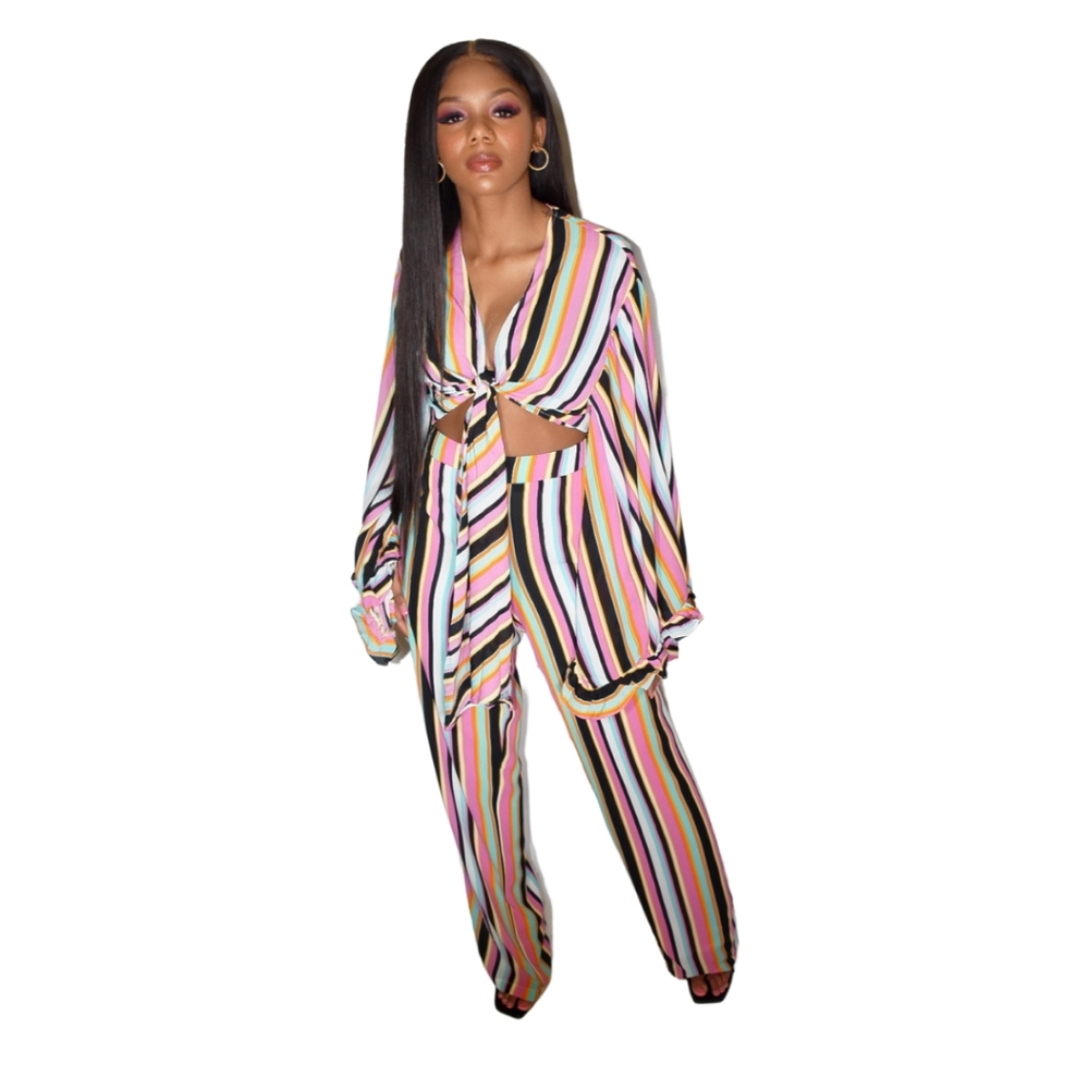 Striped Bell Sleeve Pant Set